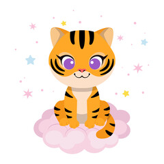 Cute baby tiger sit on the cloud. Baby shower clipart