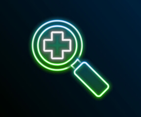 Fototapeta premium Glowing neon line Magnifying glass for search medical icon isolated on black background. Hospital search. Colorful outline concept. Vector