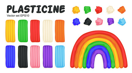 Kids modeling clay, colorful plasticine set with bricks, pieces and rainbow. Art process, creative workshop. Hand drawn illustration in modern cartoon flat style.