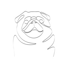 Continuous one line drawing with cute pug. Contemporary vector illustration on white background. Black line art on white background.