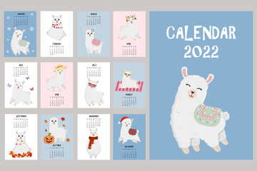 Cute calendar with llama character. 2022 calendar with alpaca.  Minimalistic calendar for the year for print with kids illustrations. Wall vertical calendar. Vector illustration