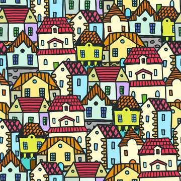  hand drawn color seamless pattern with old town with tiled roofs