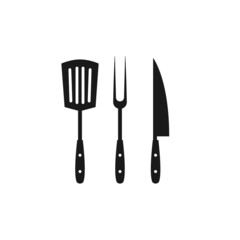 Black spatula, knife and fork icon. BBQ and grill tools. Barbeque cutlery.
