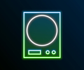 Glowing neon line Electronic scales icon isolated on black background. Weight measure equipment. Colorful outline concept. Vector