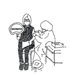 Doodle art of vaccinated campaign concept, a woman was injecting the vaccine to prevent the coronavirus 19 by a nurse.