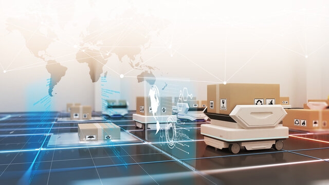 Robotic transportation and cargo handling,using automation in product management,Warehousing and Technology Connections,3d rendering