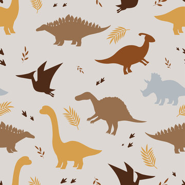 Seamless child dino pattern. Silhouettes of dinosaurs on a gray background. Backdrop for wallpaper, textile, fabric, wrapping