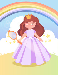 Princess holding mirror in her hand. Beautiful girl stands with wings on rainbow background. Fairytale characters, sorceress. Greeting Cards, banner for kids. Cartoon flat vector illustration