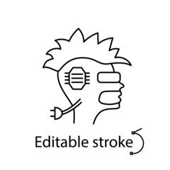 Human head with microchip outline icon. Skull with mohawk. Cyberpunk concet. High tech technology.