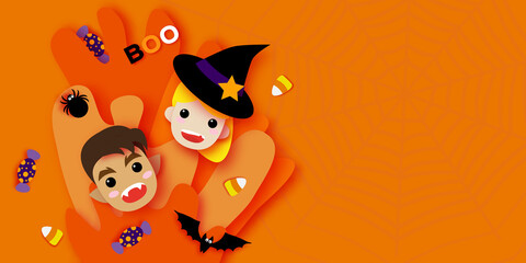 Obraz na płótnie Canvas Cute Little Witch. Werewolf. Happy Halloween. Monsters cartoon paper cut style. Funny Trick or treat. Bat, spider, web, candy. Space for text Orange Purple