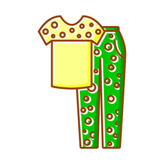 Patterned pajamas flat icon. T-shirt and trousers. Homewear and sleepwear. Color symbol. Isolated vector illustration