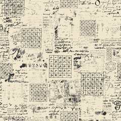 Abstract seamless pattern with tables, fragments of black typescript, handwritten scribbles and blots on an old paper. Repeating vector background, wallpaper, wrapping paper or fabric in grunge style