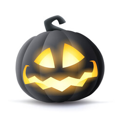 Jack O Lantern. 3D illustration of Halloween black dark pumpkin with glowing funny face expression. Isolated.