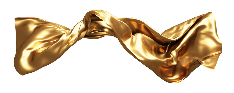 Gold fabric flying in the wind isolated on white background 3D render