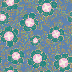 Blue with whimsical flower elements with their leaves seamless pattern background design.