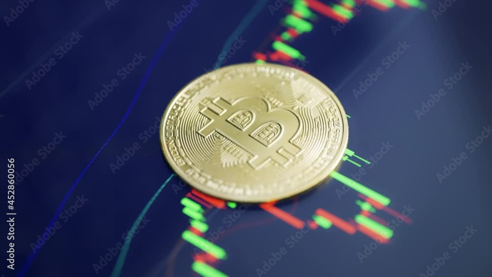 Poster golden bitcoin coin is rotating on a candles chart background. virtual cryptocurrency payment system