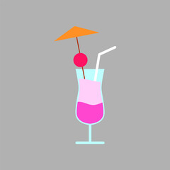 Tropical cocktail with umbrella and straw flat icon. Maldives attribute. Exotic vacation. Isolated vector illustration