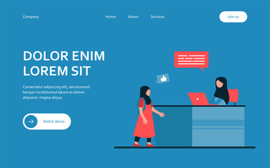 Muslim woman working on laptop and talking with girl. Mom, kid, computer flat vector illustration. Family and communication concept for banner, website design or landing web page