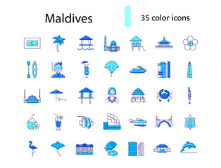 Maldives islands attractions outline icons set. Tropical resort. Capital Male. Isolated vector stock illustration