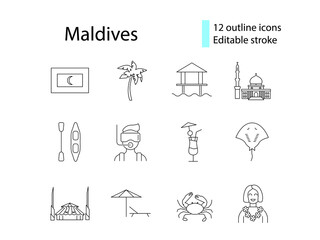 Maldives outline icons set. Attributes, travel guide. Beach resort. Editable stroke. Isolated vector illustration