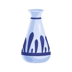 Ceramic flower vase decorated with ornament. Empty enameled porcelain vessel. Modern dyed pottery. Realistic crockery. Colored flat cartoon vector illustration isolated on white background