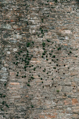 An old medieval stone wall, grass and moss on it. Wallpaper, natural background, copy space, soft focus.
