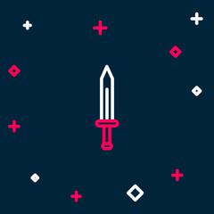 Line Medieval sword icon isolated on blue background. Medieval weapon. Colorful outline concept. Vector