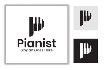 initial letter P with play music piano symbol design for piano player, pianist logo template