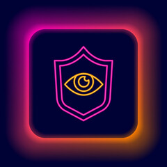 Fototapeta na wymiar Glowing neon line Shield and eye icon isolated on black background. Security, safety, protection, privacy concept. Colorful outline concept. Vector