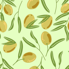 Seamless pattern of olives branch with leaves. Flat illustration.