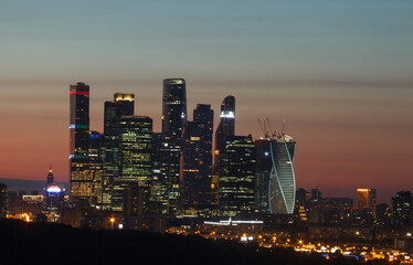 Scenic sunset in Moscow, Russia.  Moscow International Business Center. Telephoto lens
