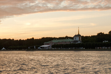 Moscow, Russia. Estate Kuskovo of Count Sheremetyev  (18 th century). Lake. Evening. Sunset. Warm white balance