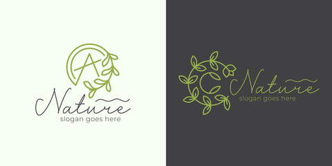 line green leaf or plant flower with initial letter for branding, nature product logo design