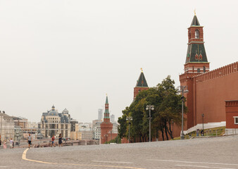 Moscow, Russia, Jul 28, 2021:  Vasilievsky descent. The Kremlin: wall and towers