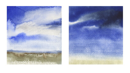 Hand-drawn landscapes in watercolors. Blue sky and field. An abstract field.