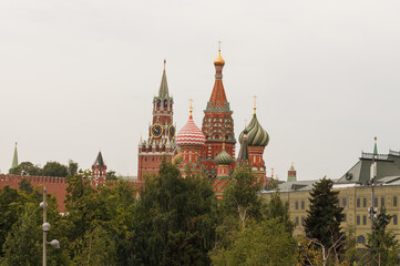 Moscow, Russia, Kremlin. St. Basil's catherdral, Spasskaya tower. View from Zaryadye park. Summer