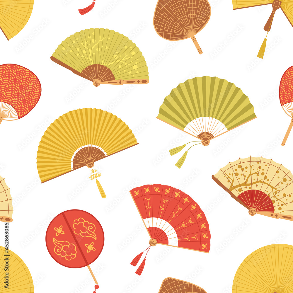 Aufkleber seamless asian pattern with japanese folding paper hand fans on white background. endless repeatable