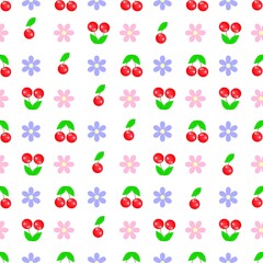 Cherries and flower on pink seamless pattern