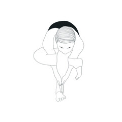 Woman practices yoga pose. Beautiful esoteric woman silhouette practicing asana. Hand drawn Black and white female character isolated on white background. 
