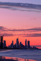 Gold Coast cityscape of Surfers Paradise at sunset