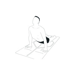Man do yoga pose. Silhouette of man practicing asana. Hand drawn Black and white male character isolated on white background. 