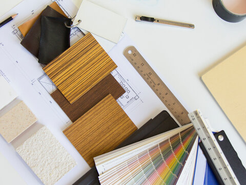Planning, Interior materials,Image of various materials in interior construction. Drawing paper and work equipment