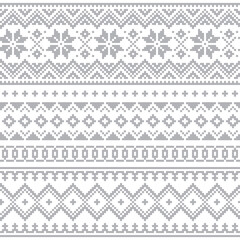Christmas Lapland vector seamless winter pattern, Sami people folk art design, traditional knitting and embroidery in gray on white background
