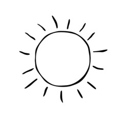 Sun icon. Symbol of sunny weather. Vector hand drawn illustration in the style of a doodle. Isolated on white background