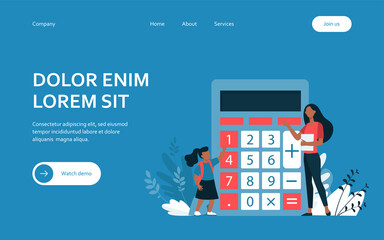 Woman explaining girl how to use calculator. Digit, teacher, child flat vector illustration. Education and calculation concept for banner, website design or landing web page