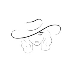 Stylized simple woman face in hat on white