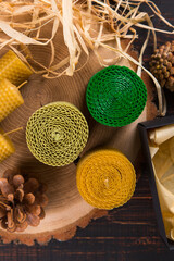 Colored, unusual handmade candles, an element of the interior.