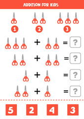 Addition for kids with cute red scissors.