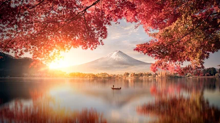Keuken foto achterwand Fuji Kleurrijk herfstseizoen en berg Fuji met ochtendmist en rode bladeren aan het Kawaguchiko-meer is een van de beste plekken in Japan