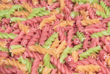 Colored spiral pasta close up